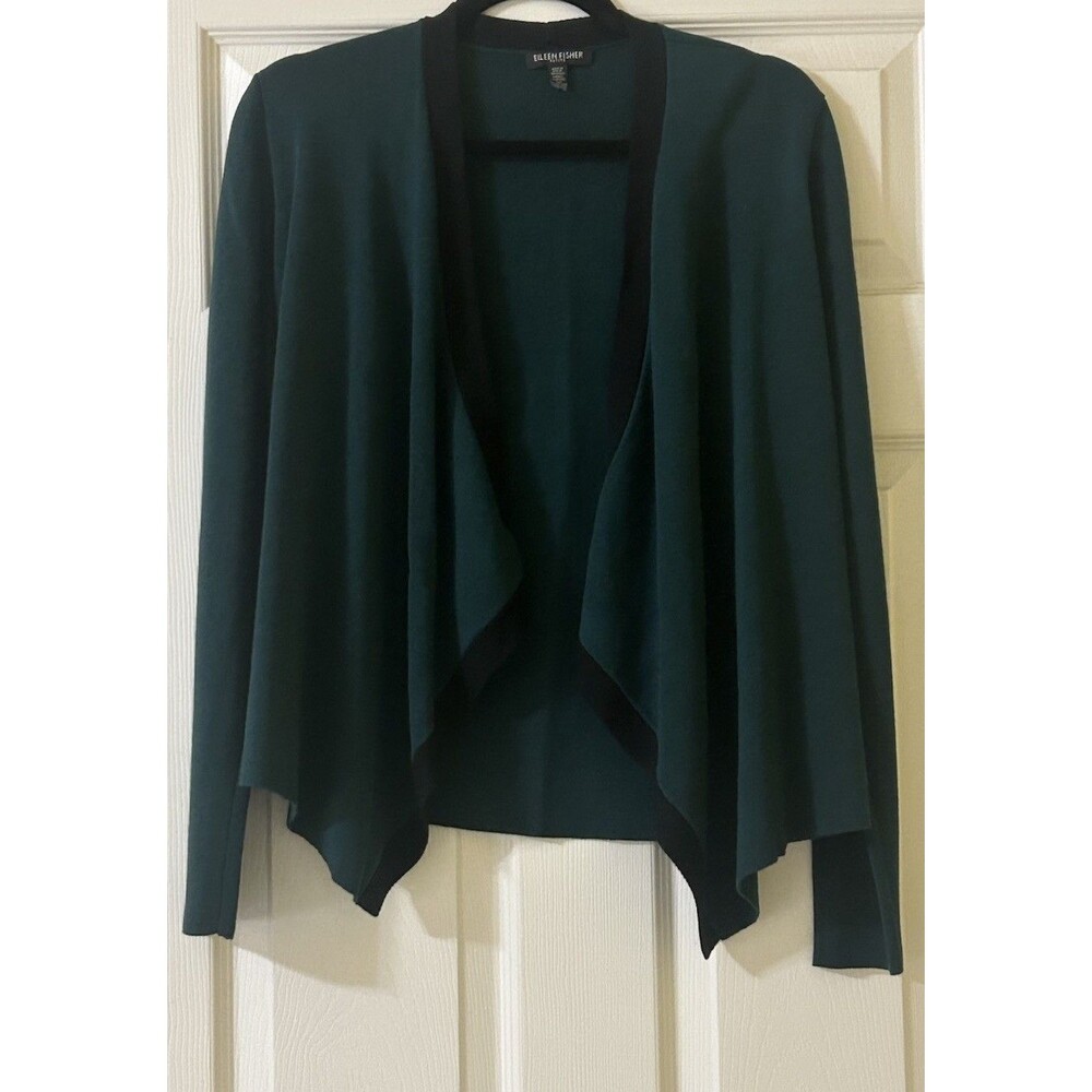 Eileen Fisher Cardigan Blazer Petite Medium Deep Green Black Trim Career Classic